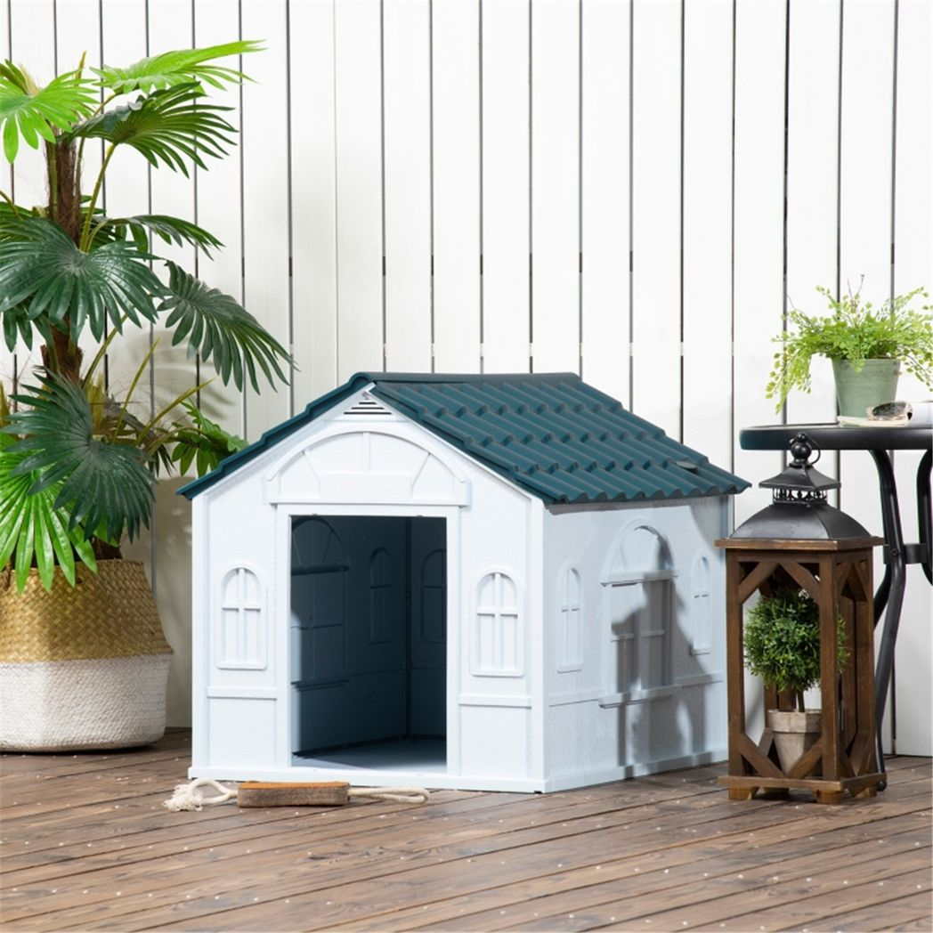 Plastic Dog Kennel House for Medium Dogs with Water-Resistant Surface & Cottage Windows – Blue and White