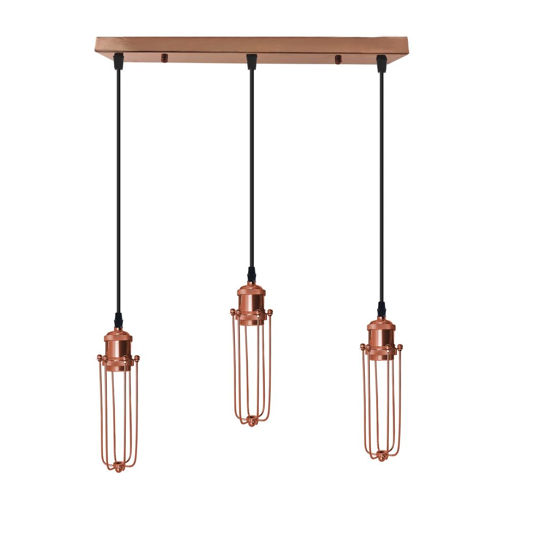 LEDSONE 3 Head Rectangle Rose Gold Wire Cage Pendant Light, E27 – Industrial Hanging Lamp for Kitchen Island