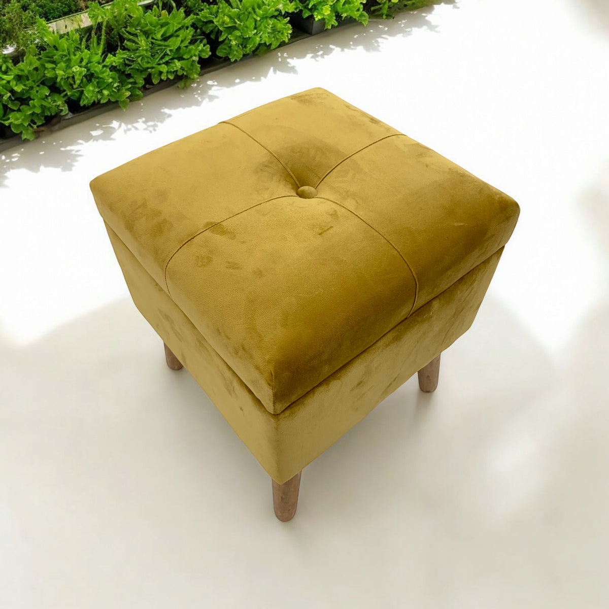 AcaciaHome Square Velvet Ottoman Footstool with Lift-Up Storage – Medium-Firm Foam Seat, Yellow
