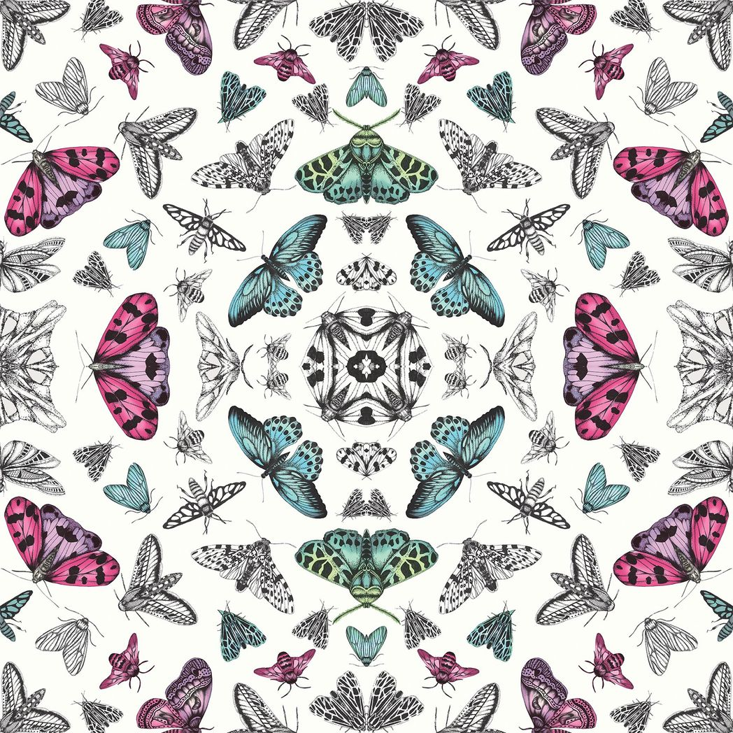 Arthouse Glitter Bug Wallpaper with Multi-Coloured Bugs & Butterflies – Playful Kaleidoscope Design, White