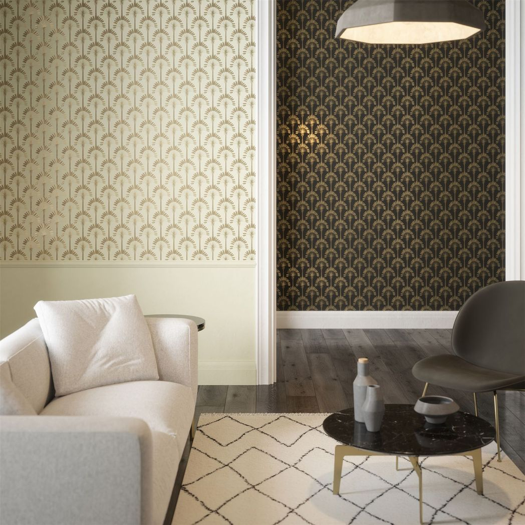 Arthouse Palm Palace Wallpaper with Metallic Gold Palms – Luxurious Exotic Colonial Style, Cream & Gold