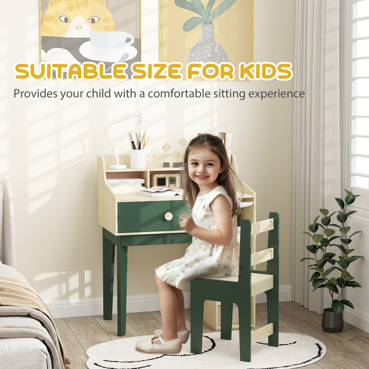 AIYAPLAY Kids Desk and Chair Set with Storage Shelves, Drawer & Storage Grids – Study Set for Ages 3–10, Green