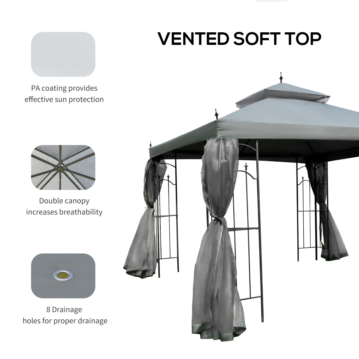 Outsunny 3 x 3m Double-Top Garden Gazebo with Four Curtains & Insect Netting – Steel Frame Party Shelter, Grey