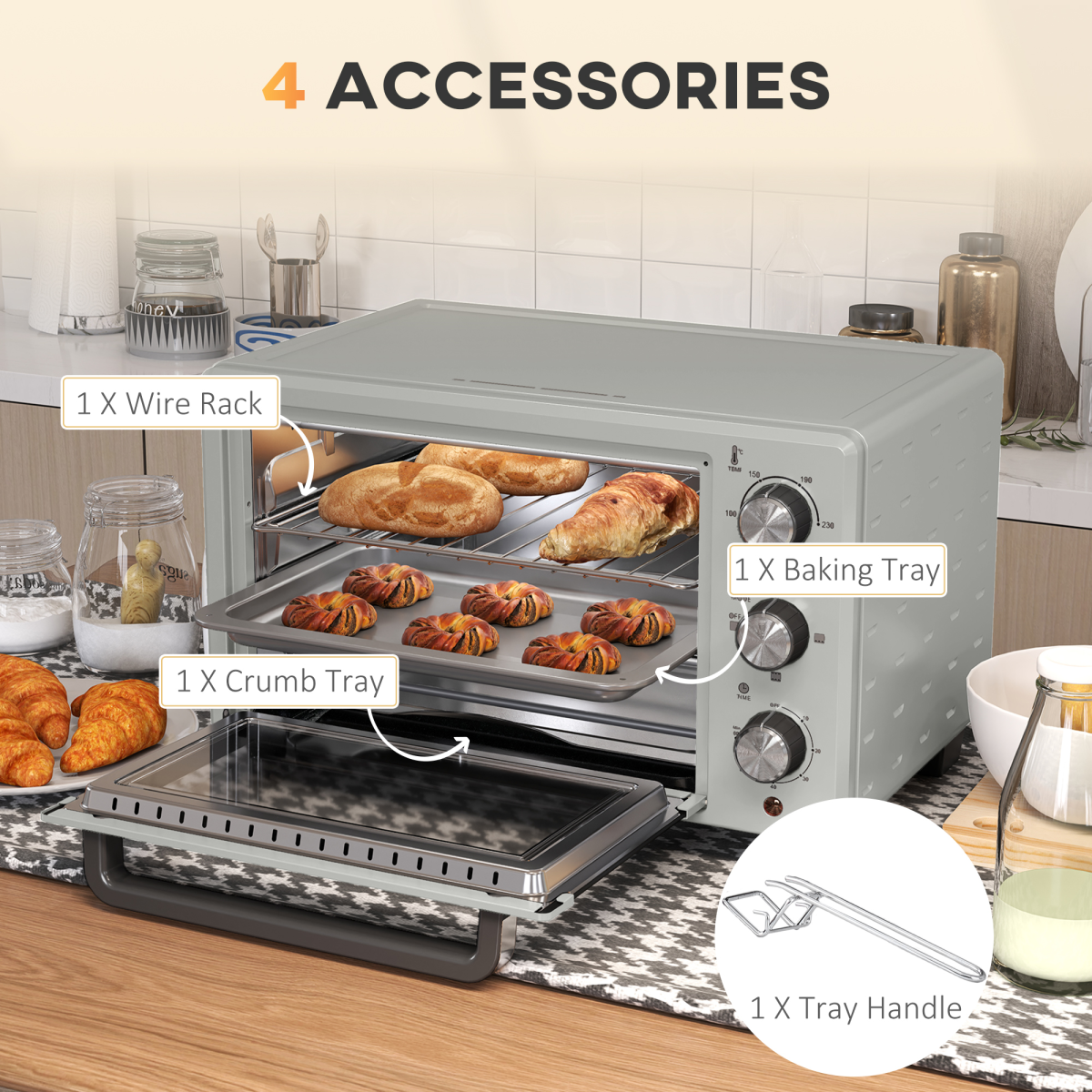 HOMCOM 21L Mini Oven with 1400W Electric Grill, Adjustable Temperature & 60-Minute Timer – Compact Kitchen Oven, Silver