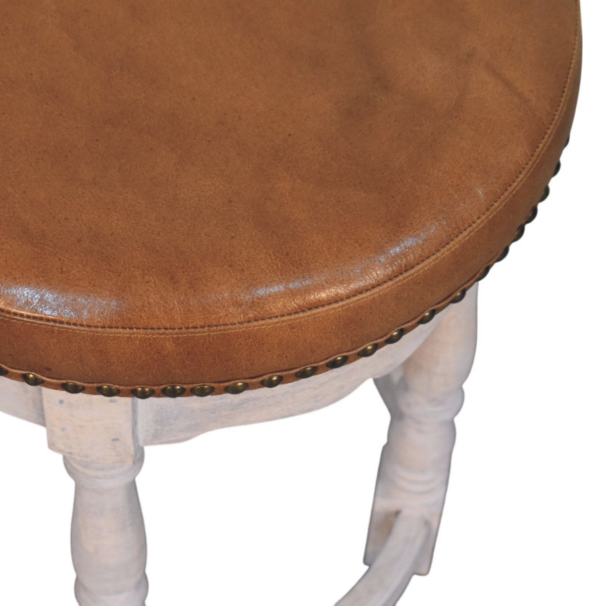 Artisan Furniture Solid Wood Rustic Charm Stool with Upholstered Leather Seat – Vanity Stool, Brown