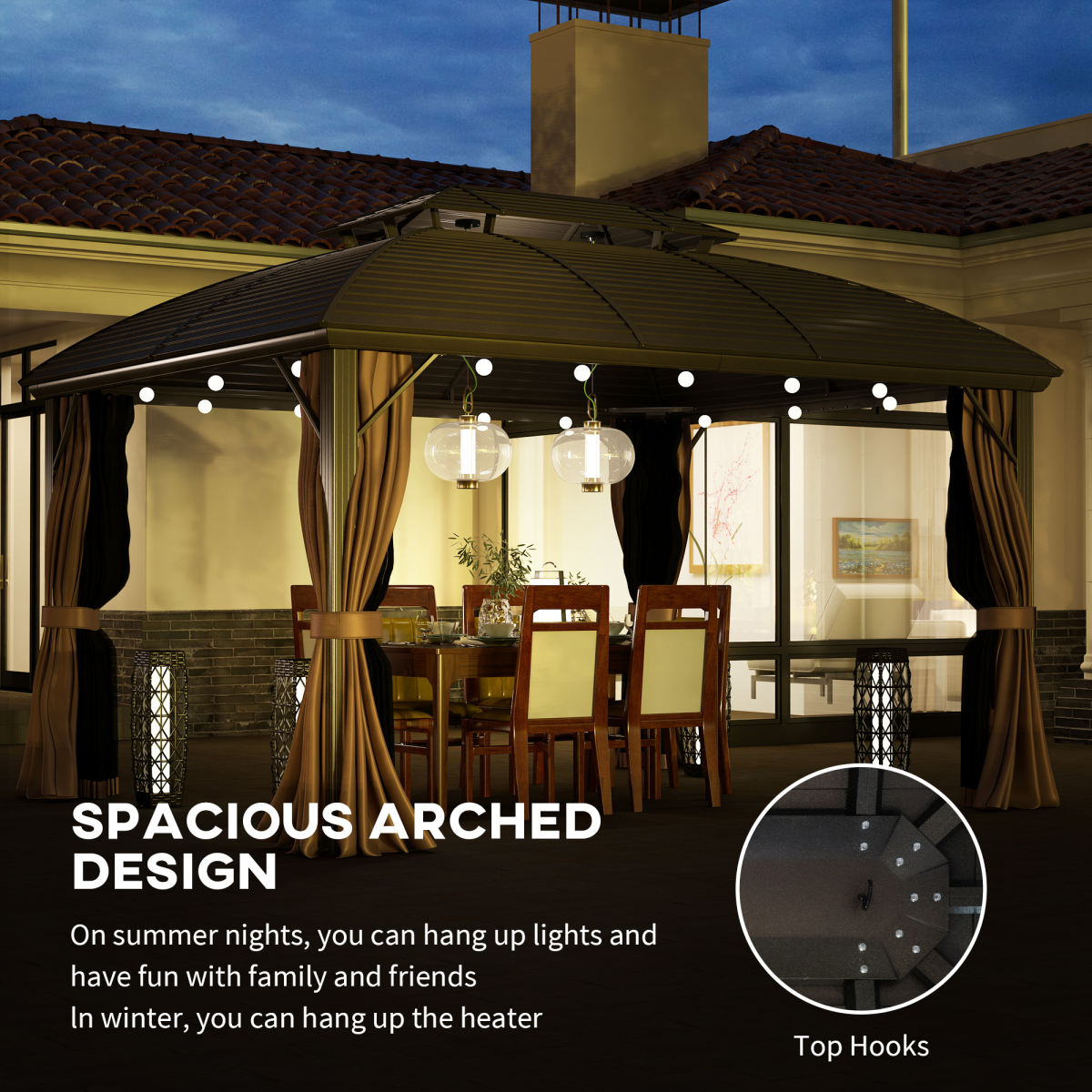 Outsunny 3.65x3m Aluminium Hardtop Gazebo with Double Roof, Mesh Sidewalls & Curtains – Coffee