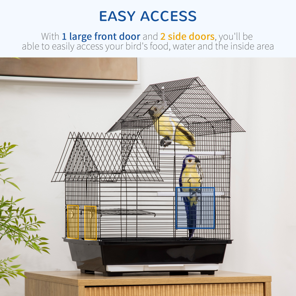 PawHut Metal Bird Cage with Plastic Perch, Food Container, Swing Ring and Handle – Compact Cage, Black