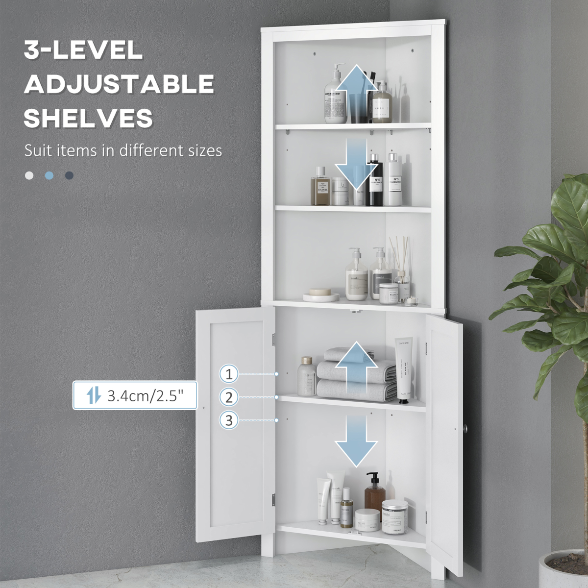 kleankin Corner Bathroom Cabinet with Double Doors & Adjustable Shelves – Space-Saving Storage, White