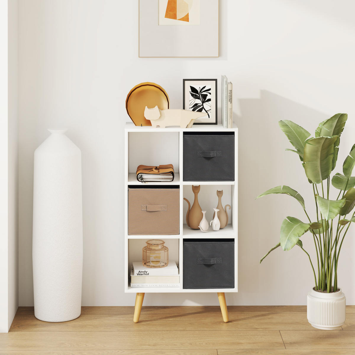 HOMCOM Freestanding 6 Cube Storage Bookcase with 3 Fabric Drawers – Bedroom, Dining Room, Office, White