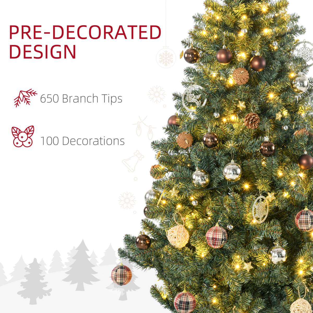 HOMCOM Artificial Christmas Tree with LED Lights, Baubles and Banner – Auto Open Branches, Steel Base