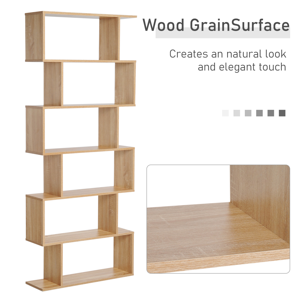 6-Tier Modern S-Shaped Wooden Shelf Storage Unit – Bookcase & Display Cabinet for Home Office, Oak Colour