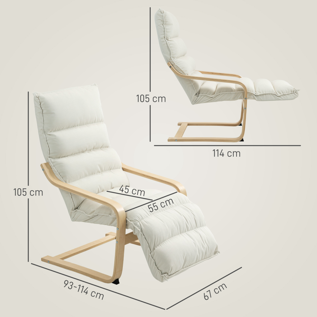Rocking Lounge Chair with 5-Position Adjustable Footrest & Birch Wood Frame – Velvet-Feel Armchair, Cream White