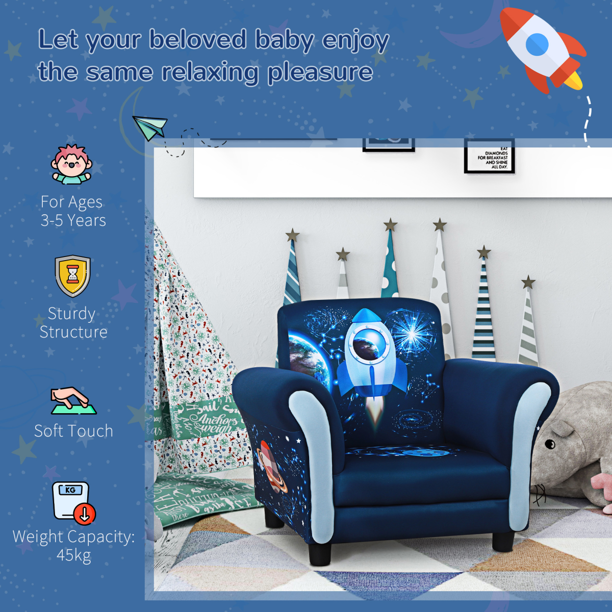 HOMCOM Child Armchair Kids Mini Sofa Chair with Armrests and Padded Seat for Ages 3-6 – Blue