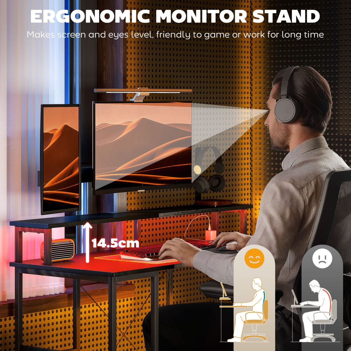 HOMCOM Reversible Computer Desk with Charging Station, RGB LED Lights & Monitor Stand – Home Office, Black