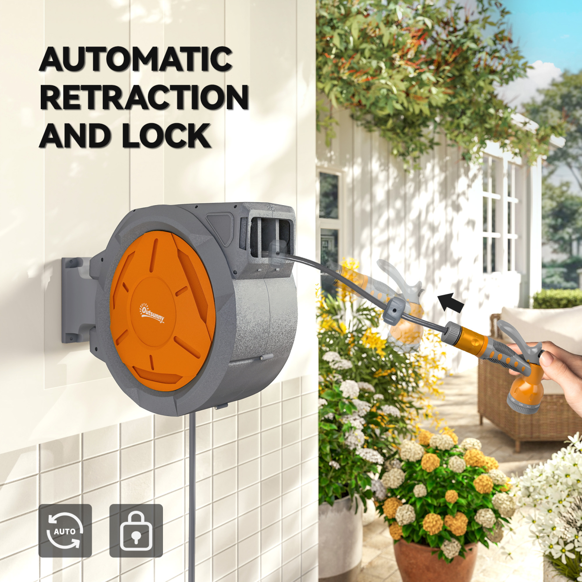 Outsunny 30m Retractable Garden Hose Reel with Lock, Wall Mounted – 7 Watering Patterns, Orange
