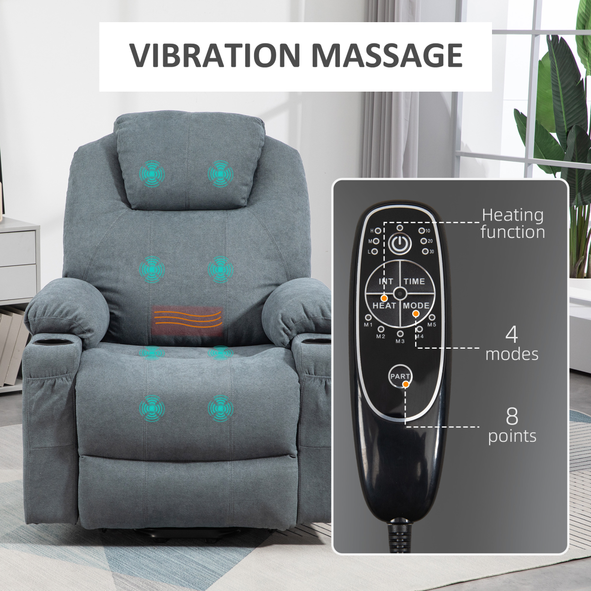 HOMCOM Lift Chair with Vibration Massage & Heat, 45° Lift and Recline – Riser Recliner, Grey