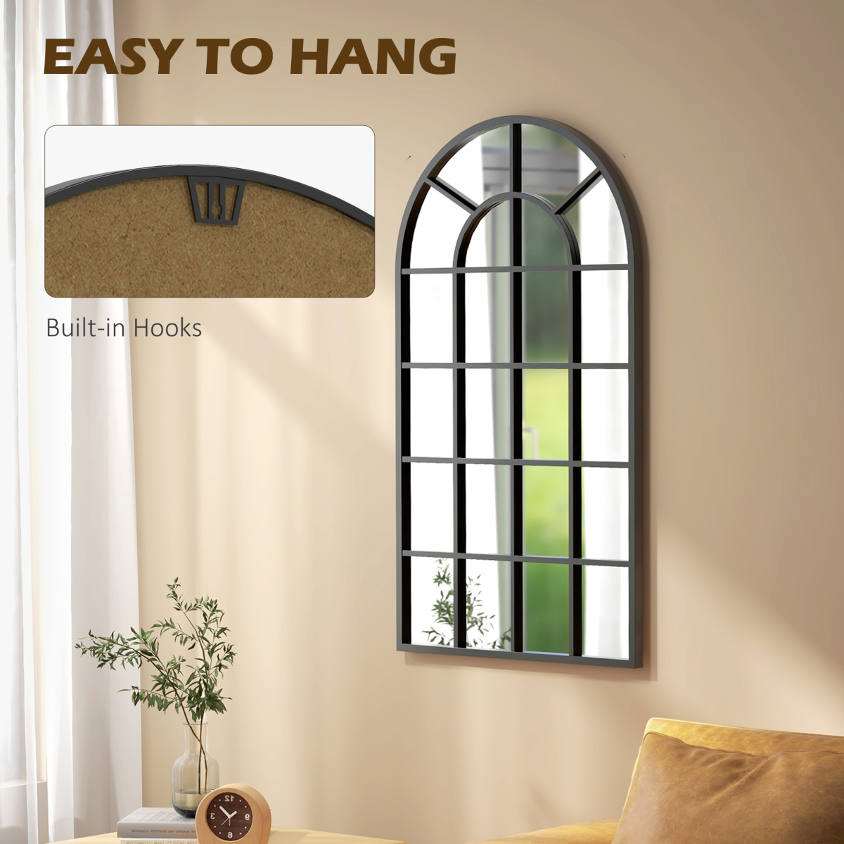 HOMCOM Modern Arched Window Wall Mirror, 110 x 62cm – Large Window-Pane Mirror, Black