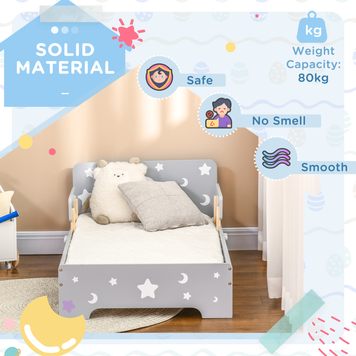 Kids Toddler Bed with Star & Moon Design and Safety Rails – Grey Children's Bed Frame, Ages 3-6