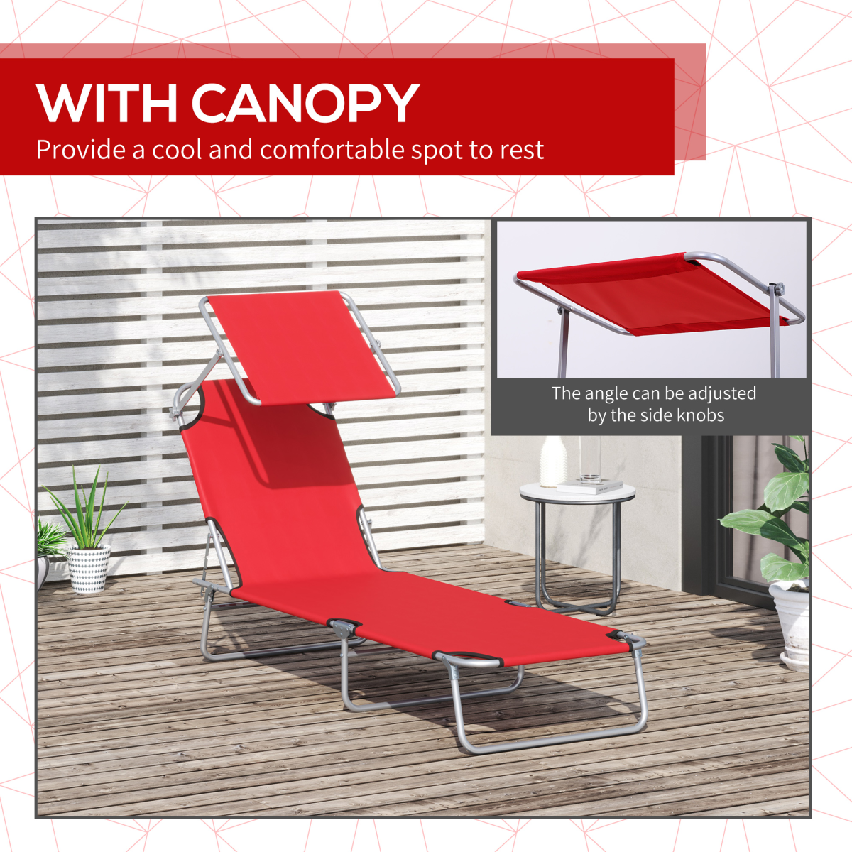 Outsunny Folding Sun Lounger with Sunshade and 4-Level Adjustable Back – Portable Recliner for Camping, Red