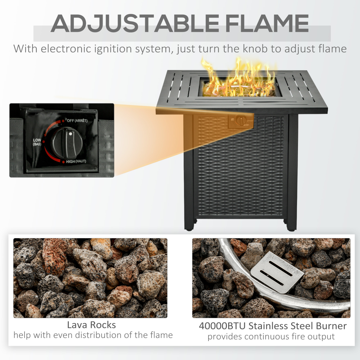 Outsunny Square Rattan Propane Gas Fire Pit Table with Lava Rocks & Lid – 40,000 BTU Patio Heater