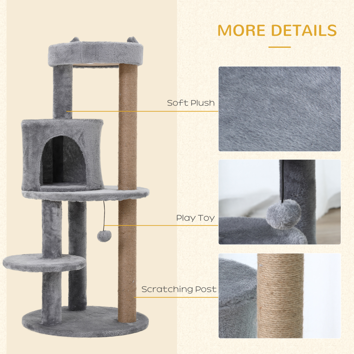 PawHut 104cm Deluxe Cat Activity Tree with Sisal Scratching Posts, Ear Perch, House & Hanging Ball – Grey