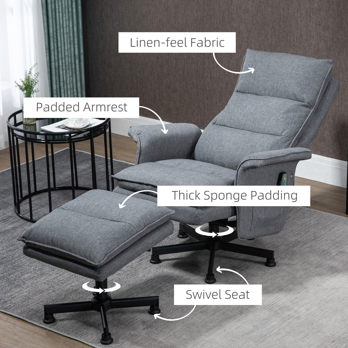 HOMCOM Swivel Recliner Chair with Footstool, 8-Point Massage & Remote Control – Linen-Look Armchair, Grey