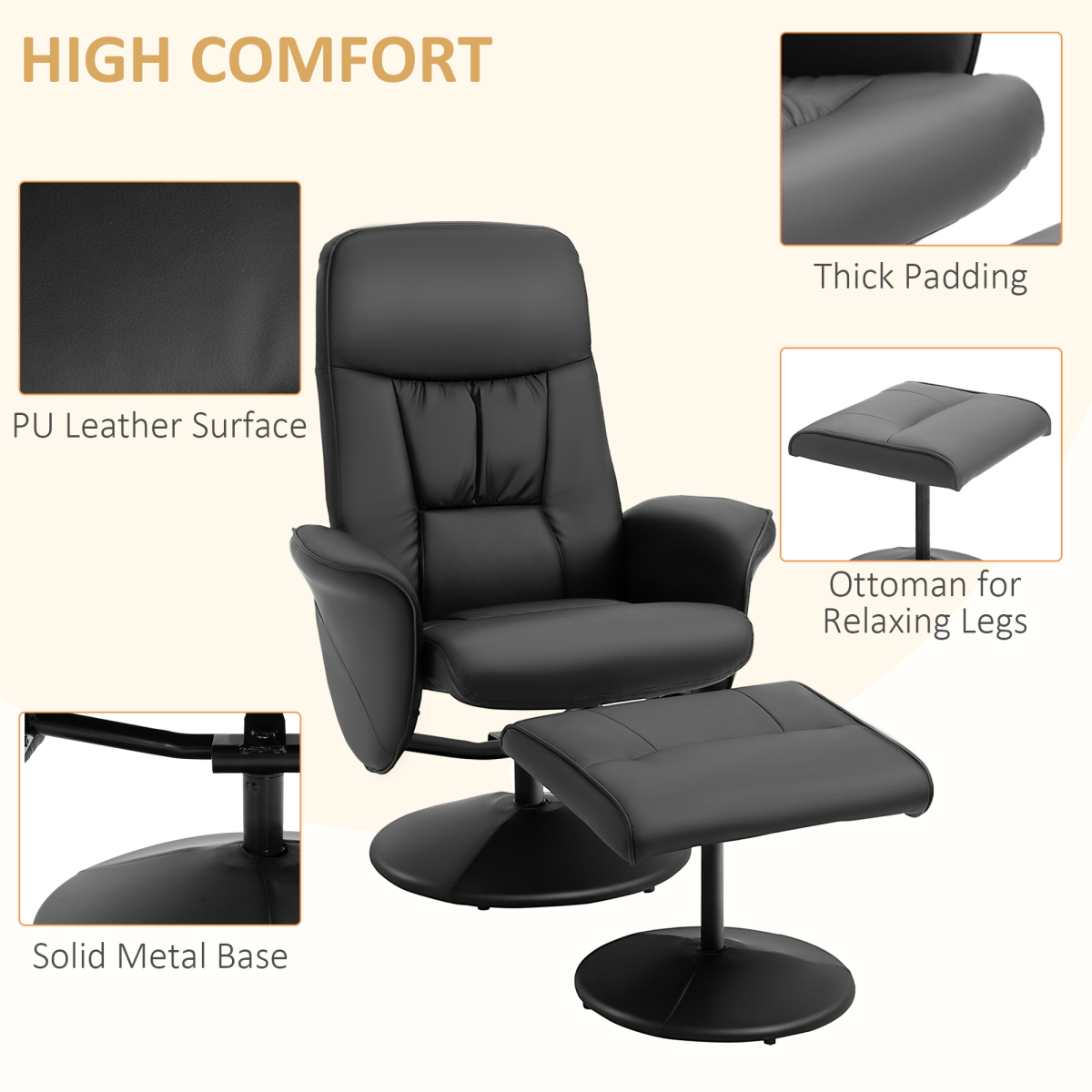 Reclining 360° Swivel Armchair & Ottoman Set in Black PU Leather – Relaxation Chair with Footstool