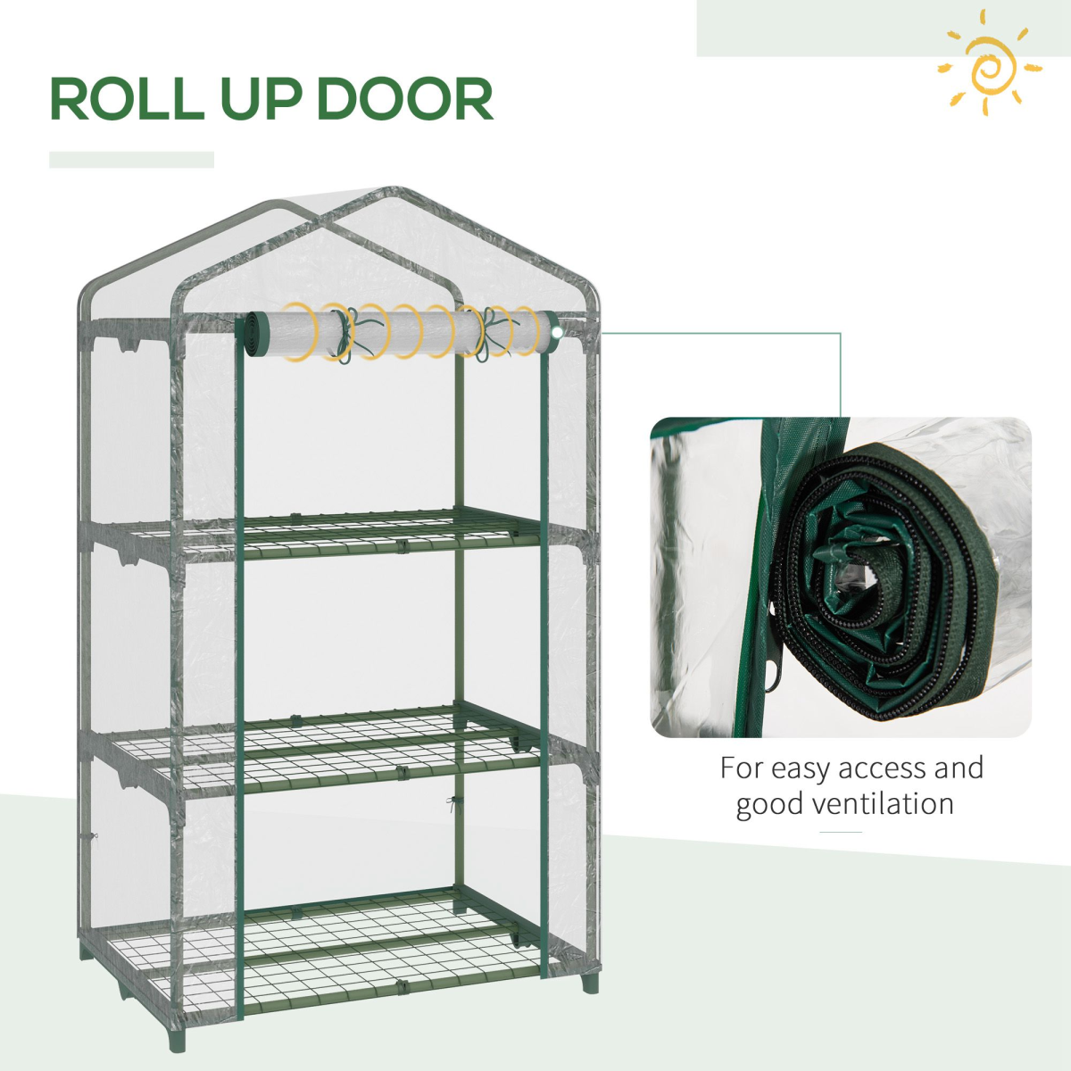Outsunny 3 Tier Mini Greenhouse with Roll-Up Door & Wire Shelves, 69 x 49 x 125cm – Clear