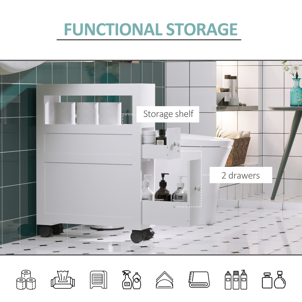 HOMCOM Slim Rolling Bathroom Storage Unit with 2 Drawers – 16cm Wide Space-Saving Trolley