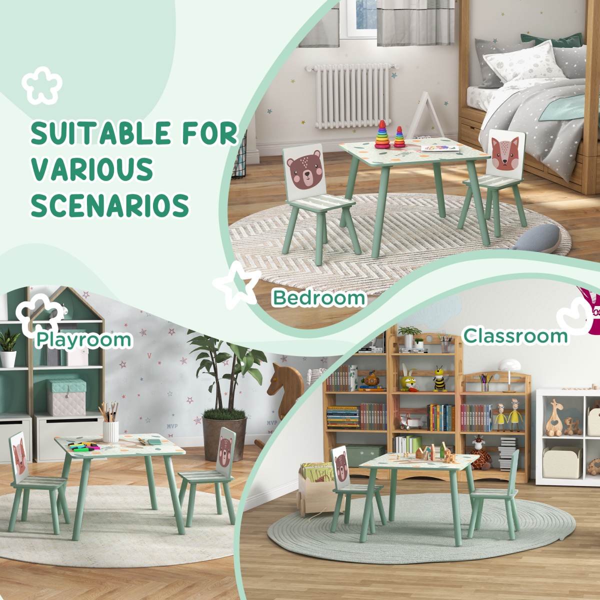 ZONEKIZ Kids Table and 2 Chairs Set with Rounded Edges – Children's Desk for Arts, Crafts & Homework, Green