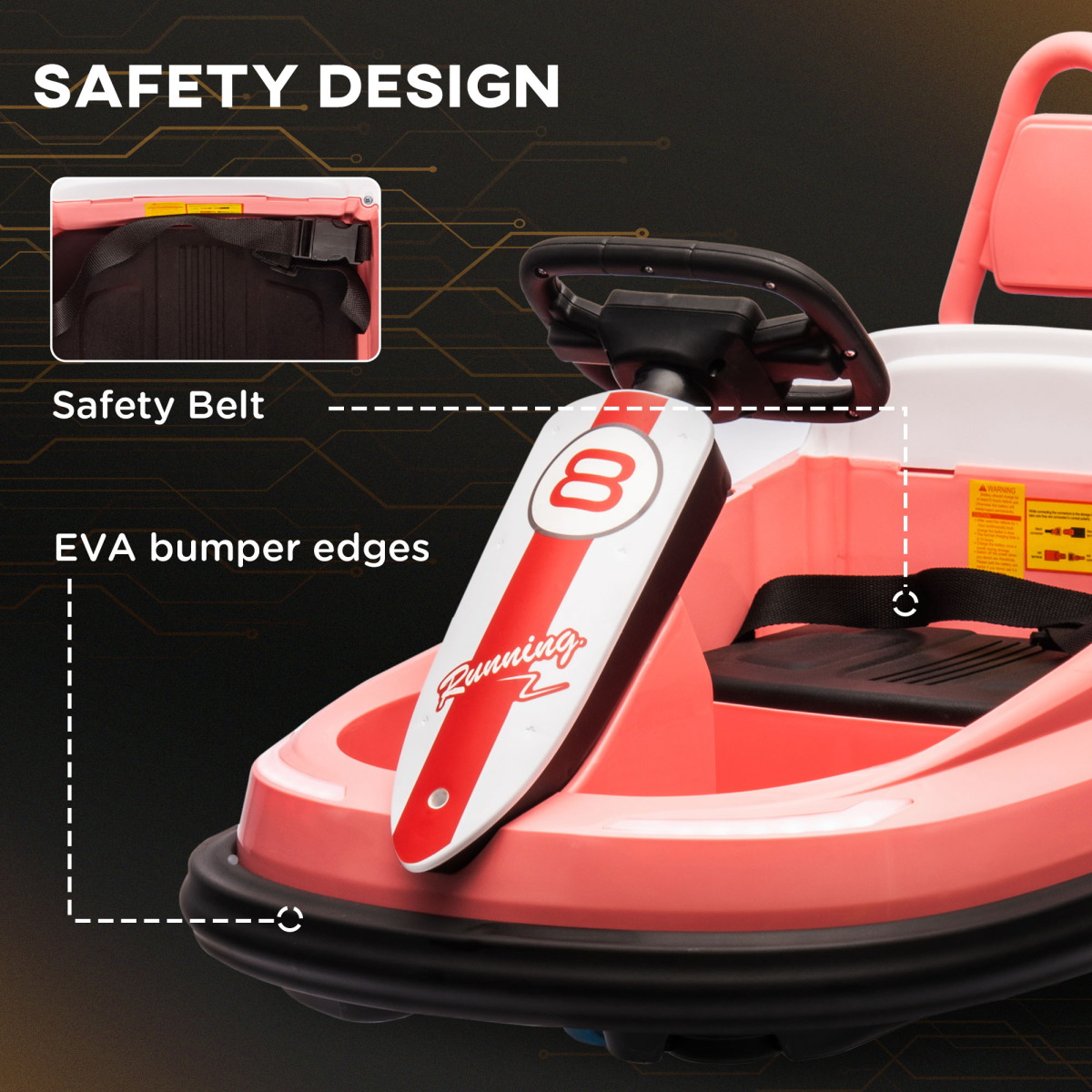 HOMCOM 6V Kids Bumper Car with 360° Rotation, 2 Speeds, Music and Lights – Ride-On Waltzer Car, Pink