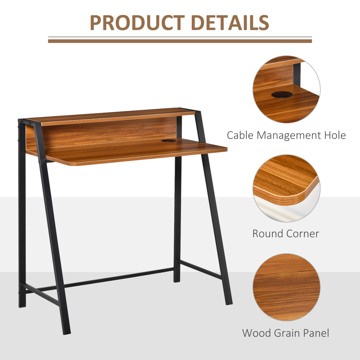 HOMCOM Computer Table with Two-Tier Worktop and Steel Frame – Home Study Desk, 84cm, Walnut Colour