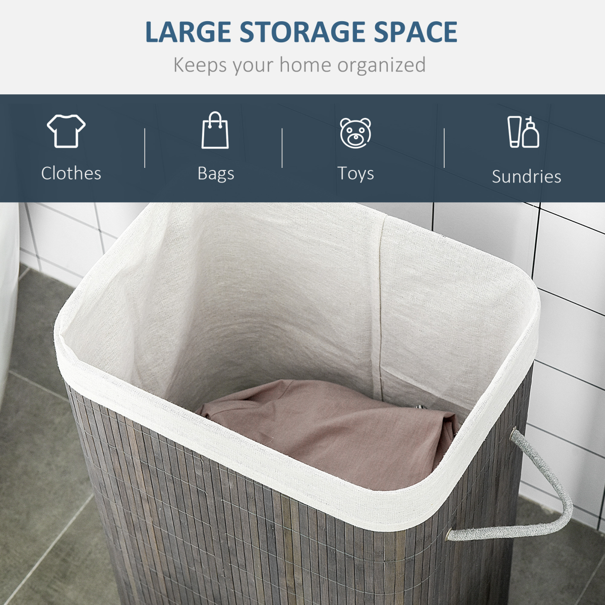 HOMCOM Bamboo Laundry Basket with Flip Lid and Removable Lining – Foldable Hamper, Grey