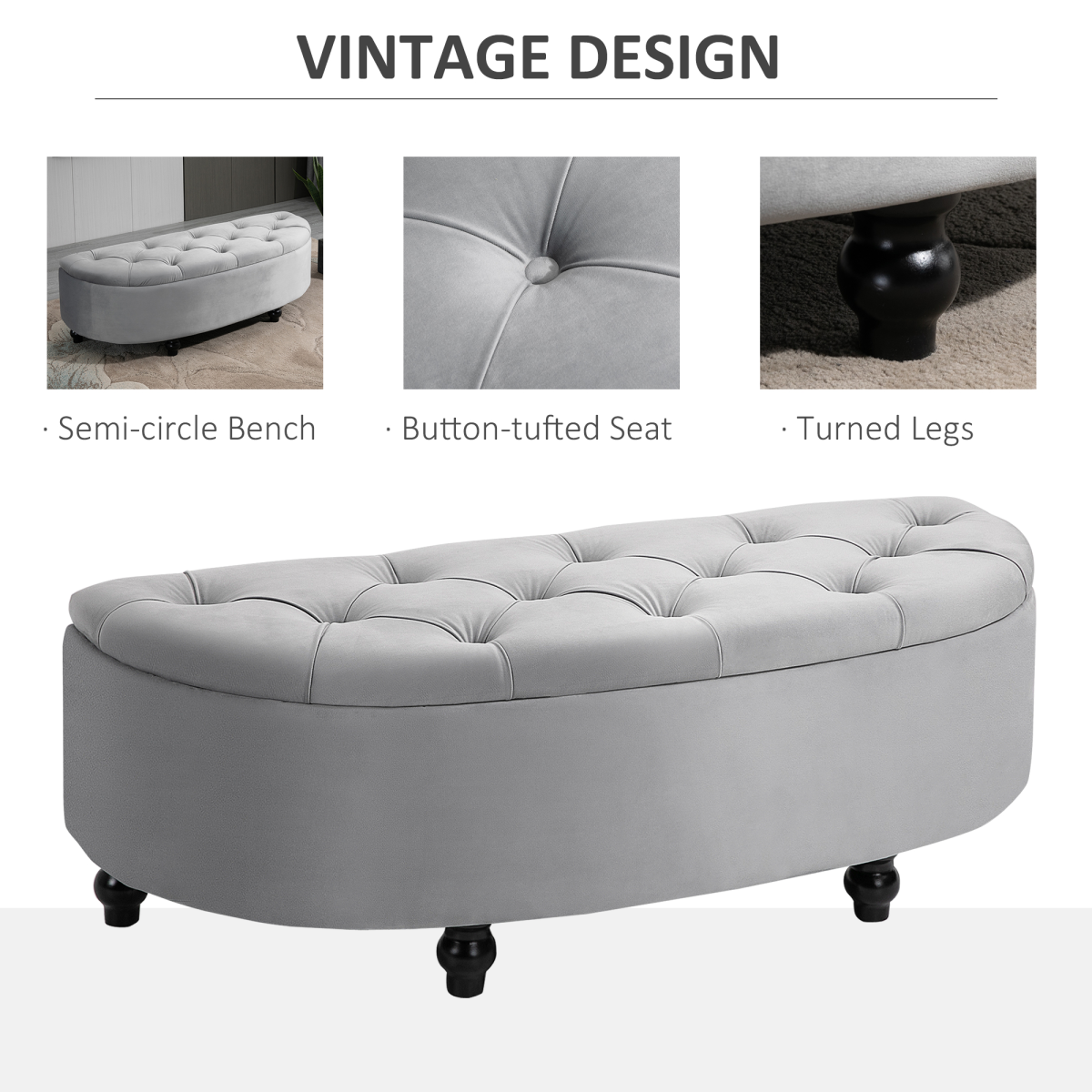 HOMCOM Semi-Circle Tufted Storage Ottoman Bench – Upholstered Footrest with Lift-Up Lid for Living Room