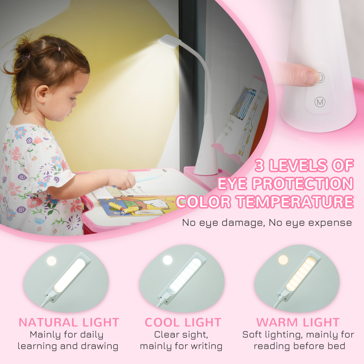 HOMCOM Kids Study Desk and Chair Set with Height Adjustment, Storage Drawer & USB Lamp – Pink