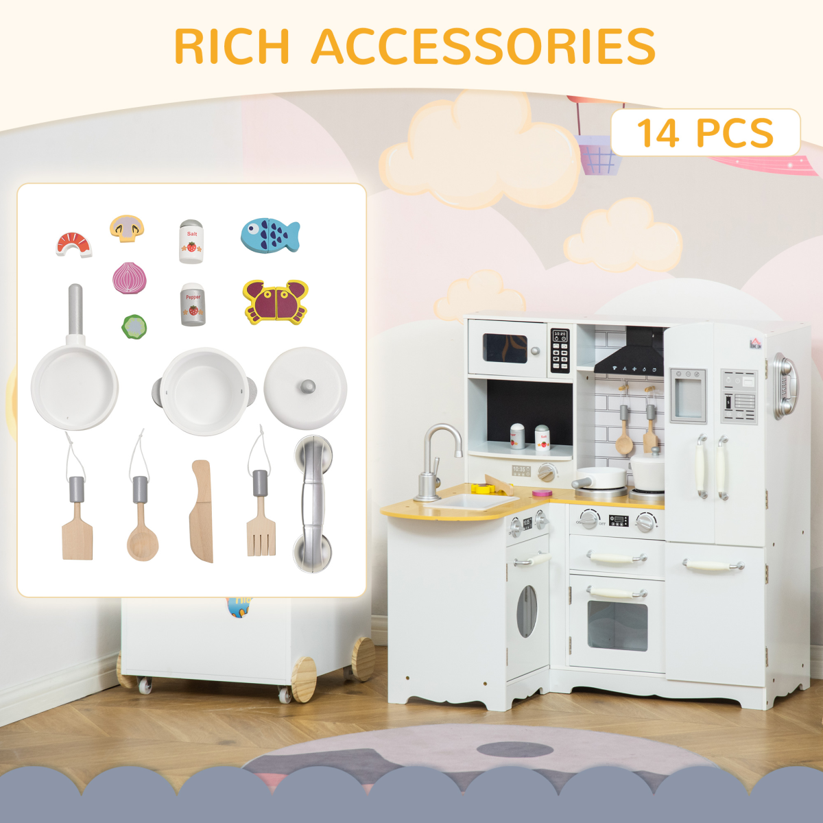HOMCOM Large Kids Kitchen Playset with Fridge, Microwave and Sink – Role Play Toy Kitchen, White
