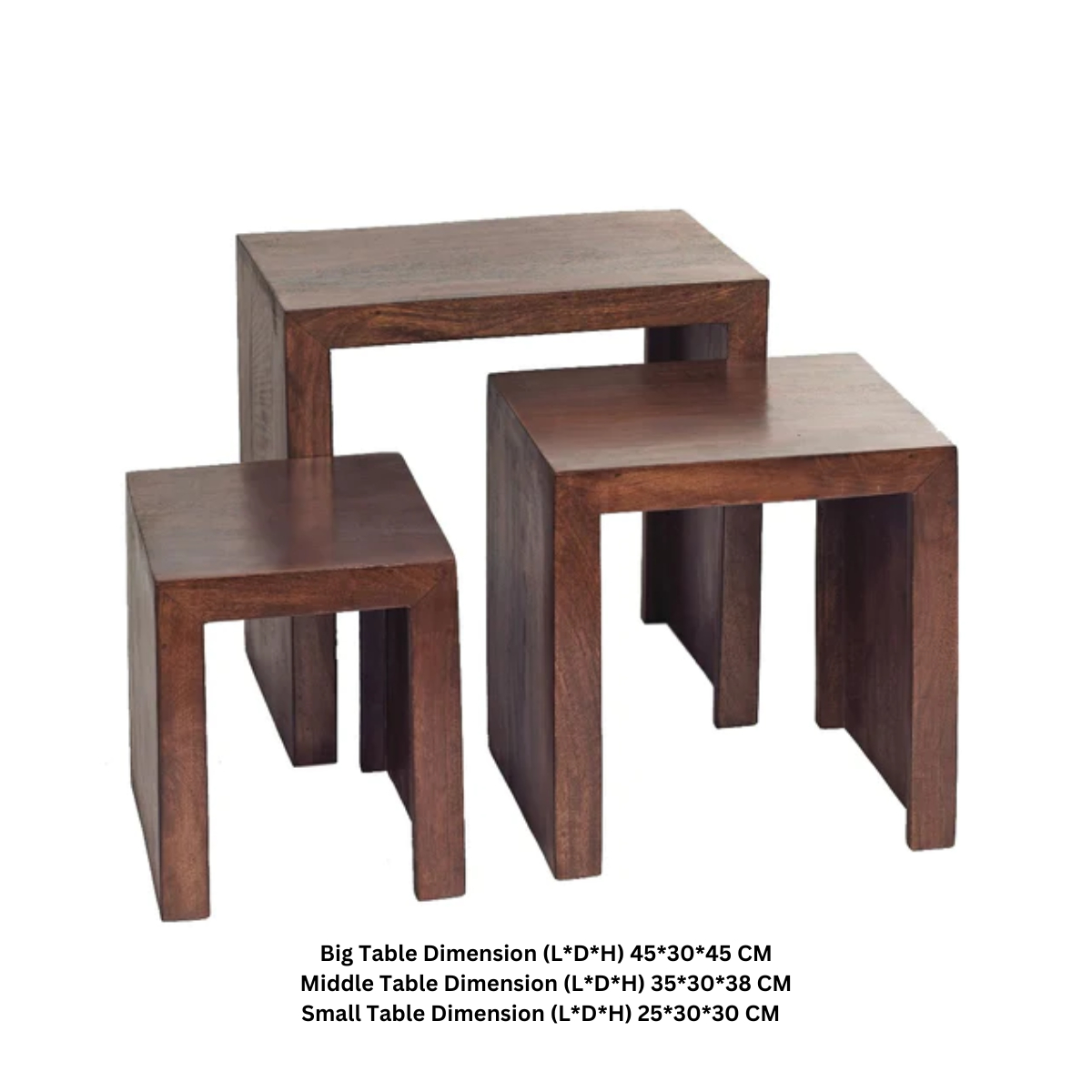 Indian Hub Toko Dark Mango Wood Nest of 3 Tables – Dark Walnut Stain with Matching Wooden Handles