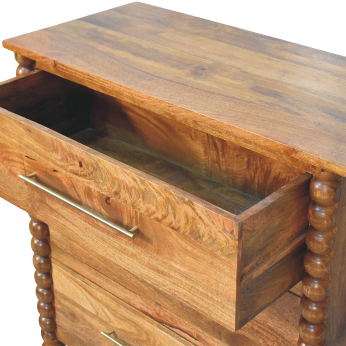 Artisan Furniture Solid Wood Spindle Chest of 3 Drawers with Brass Handles – Amber Oak Finish, Brown