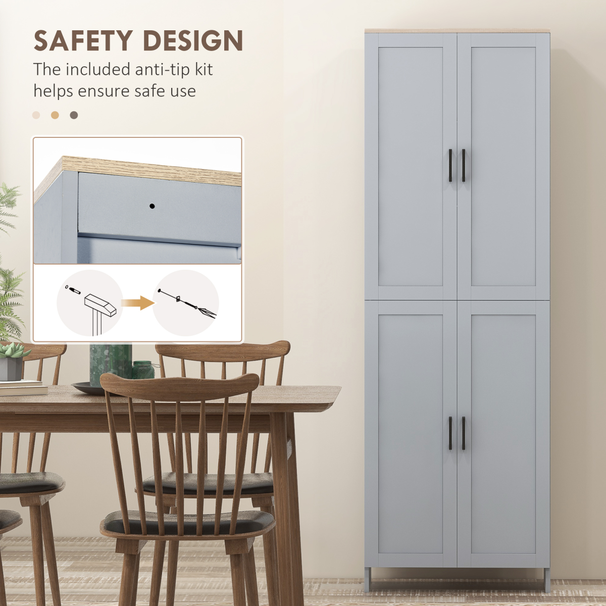HOMCOM Modern Kitchen Cupboard Storage Cabinet with 6 Shelves & Enclosed Doors – Freestanding Pantry, Grey