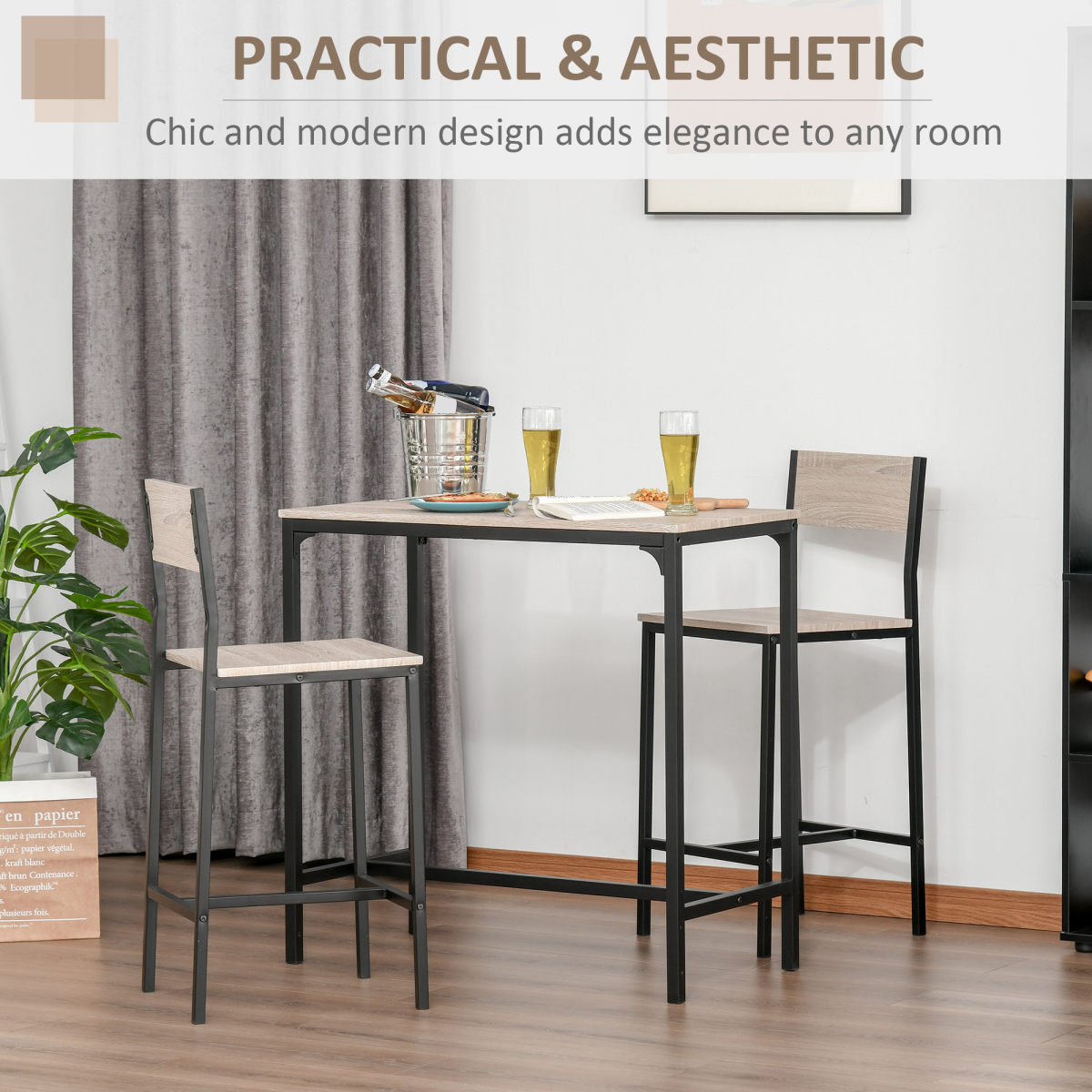 HOMCOM 3-Piece Bar Table and Stool Set with Metal Frame and MDF Top – Compact Breakfast Bar, Black
