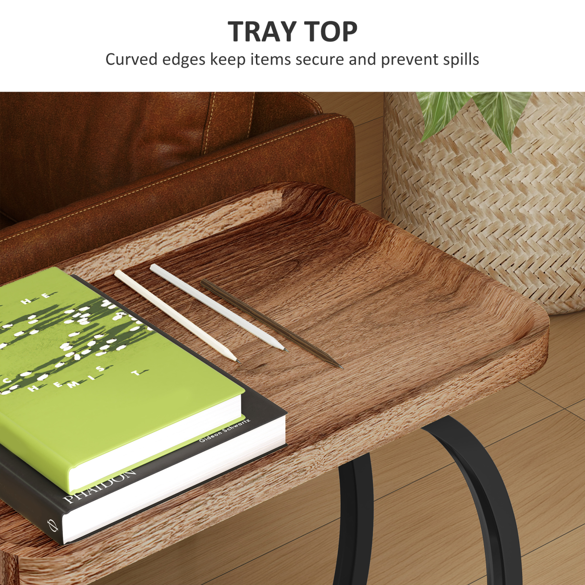 C-Shaped Side Table on Wheels with Tray Top & 2 Tiers – Sofa & Bed Side Table with Storage, Brown & Black