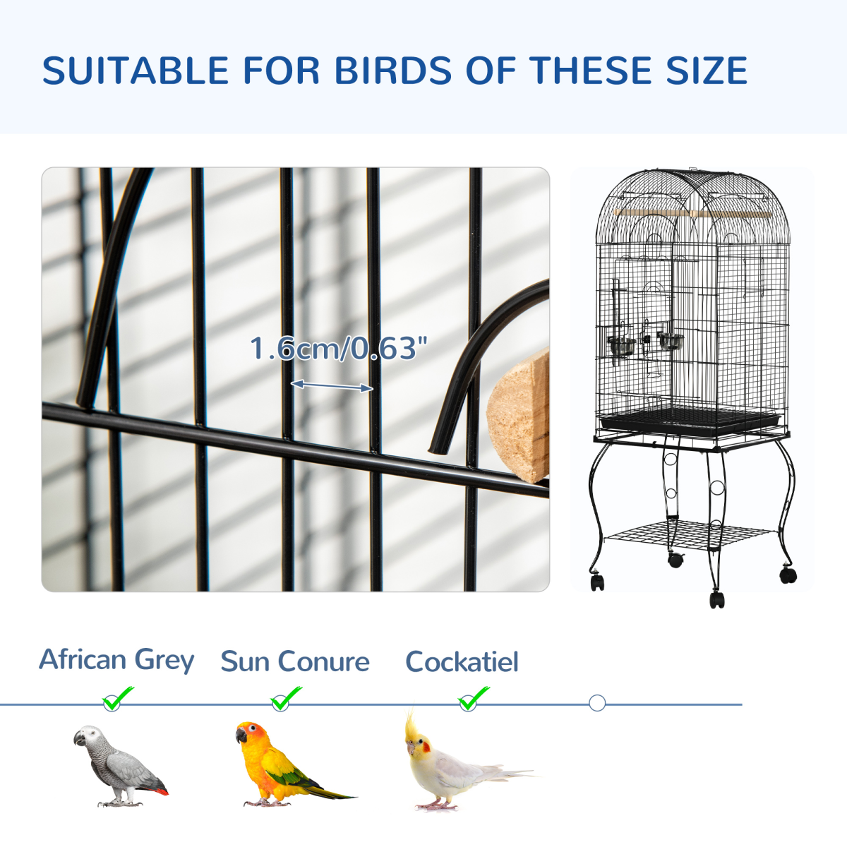 PawHut Large Bird Cage with Stand, Perch and Feeding Bowl – Metal Aviary for Parrots, Macaws and Cockatiels, Black