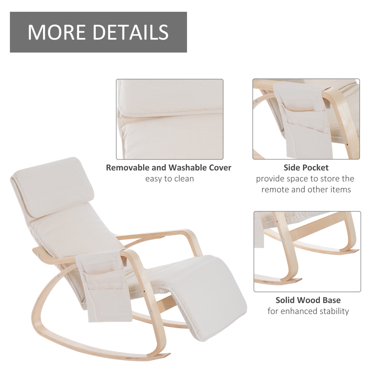 HOMCOM Rocking Recliner Armchair with Adjustable Footrest & Birch Wood Frame – Nursery Chair, Cream White