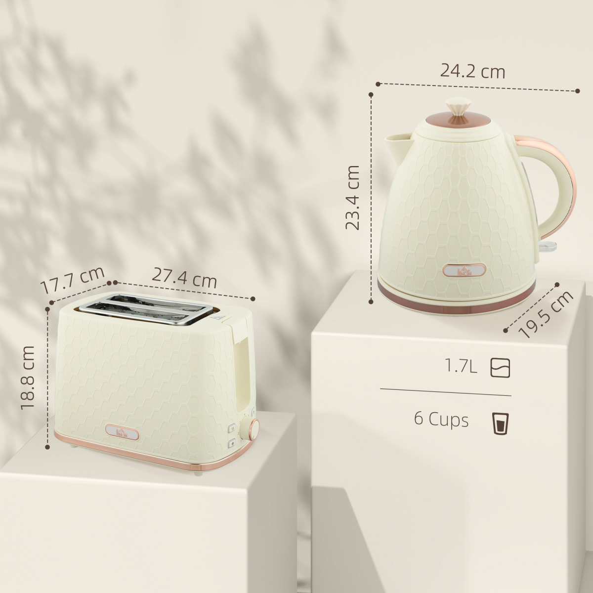Honeycomb 1.7L Fast Boil Kettle & 2-Slice Toaster Set – Matching Breakfast Set with 7 Browning Settings