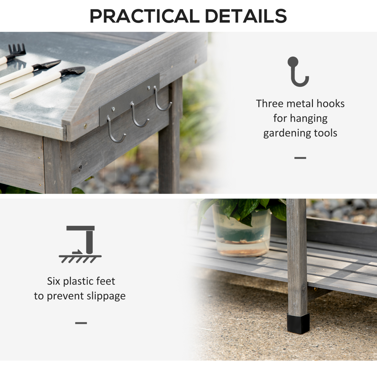 Outsunny Garden Potting Workstation Bench with Galvanised Metal Tabletop, Drawer and Shelves – Solid Wood