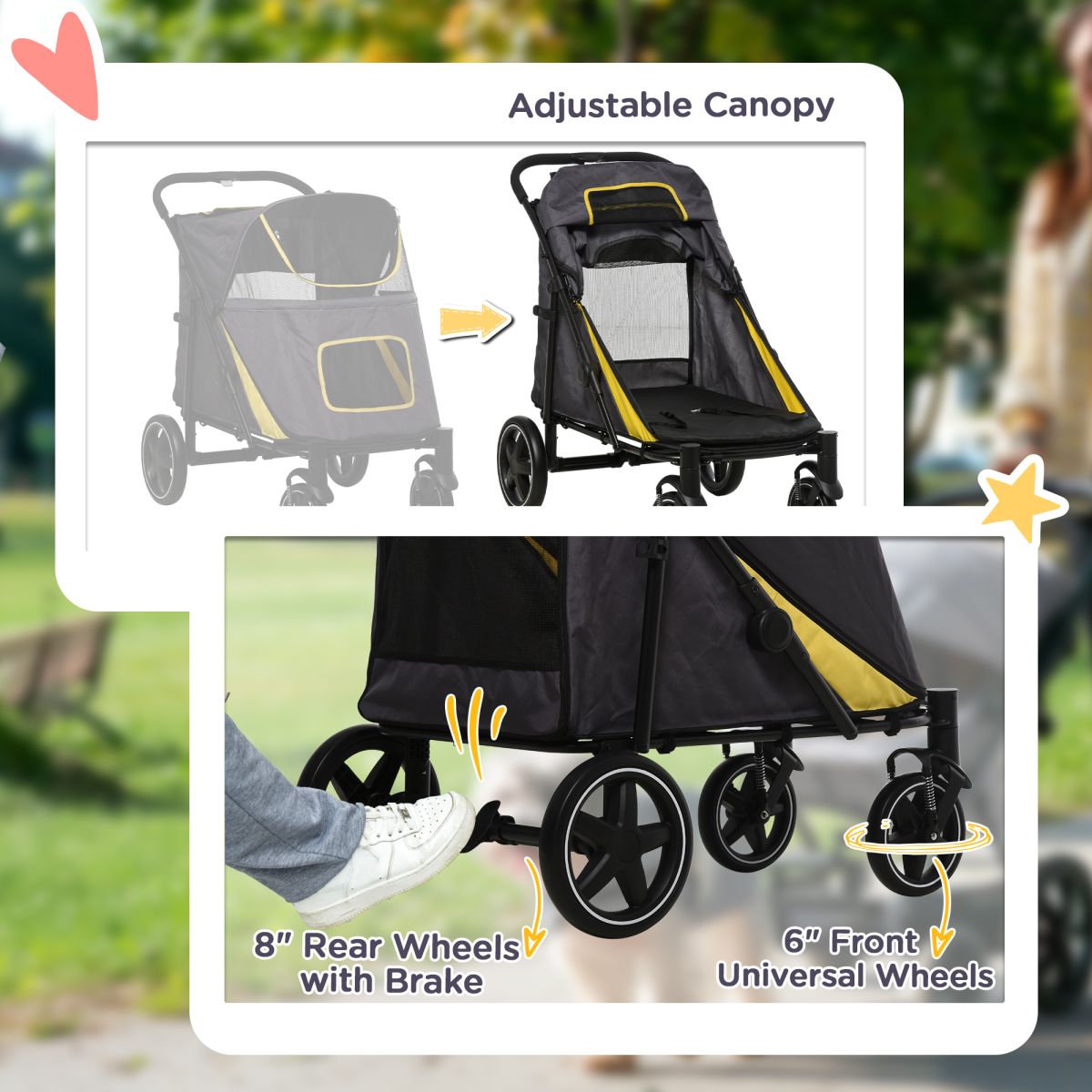PawHut Foldable Dog Stroller with Universal Wheels, Shock Absorbers & Rear Brake – Pet Carriage, Grey