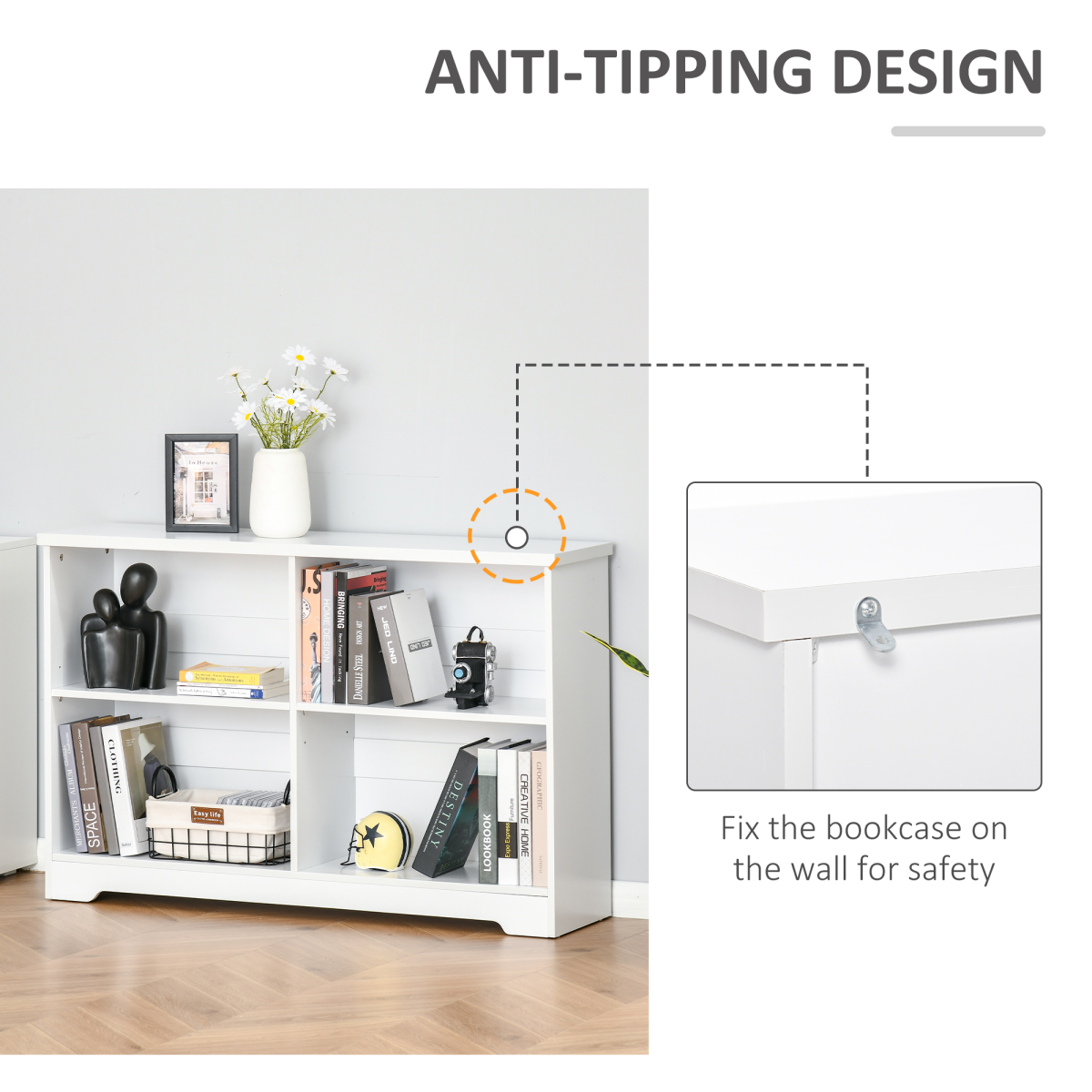 Modern 4-Compartment Low Bookcase with Adjustable Shelves and Anti-Tipping Straps – Cube Display Unit, White
