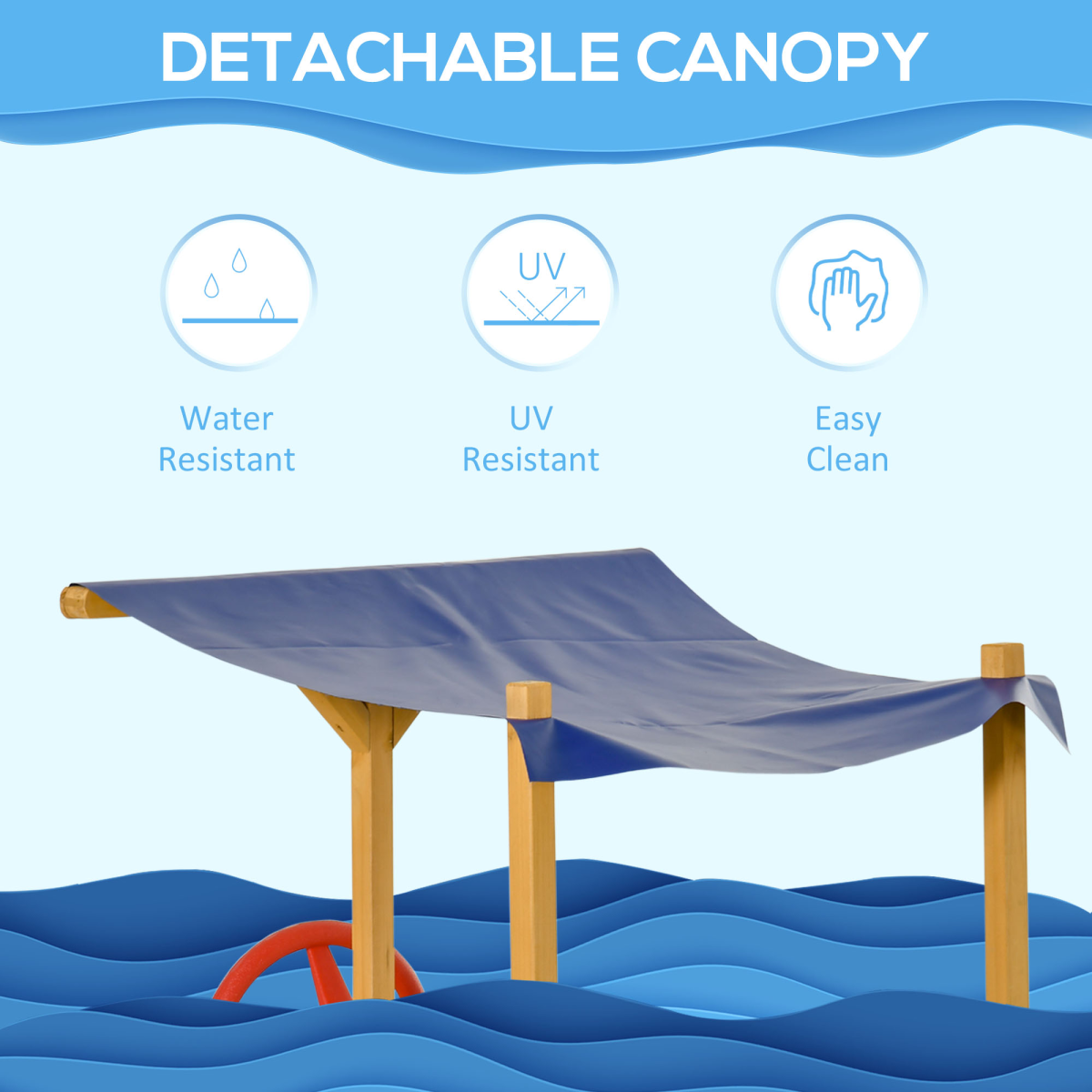 Kids Wooden Pirate Boat Sandpit with Canopy Shade and Storage Bench – Outdoor Sandbox