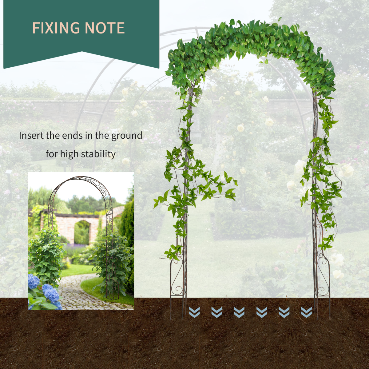 Outsunny Metal Garden Arch with Scroll Design, 226cm High – Climbing Plant Arbour for Weddings & Patios