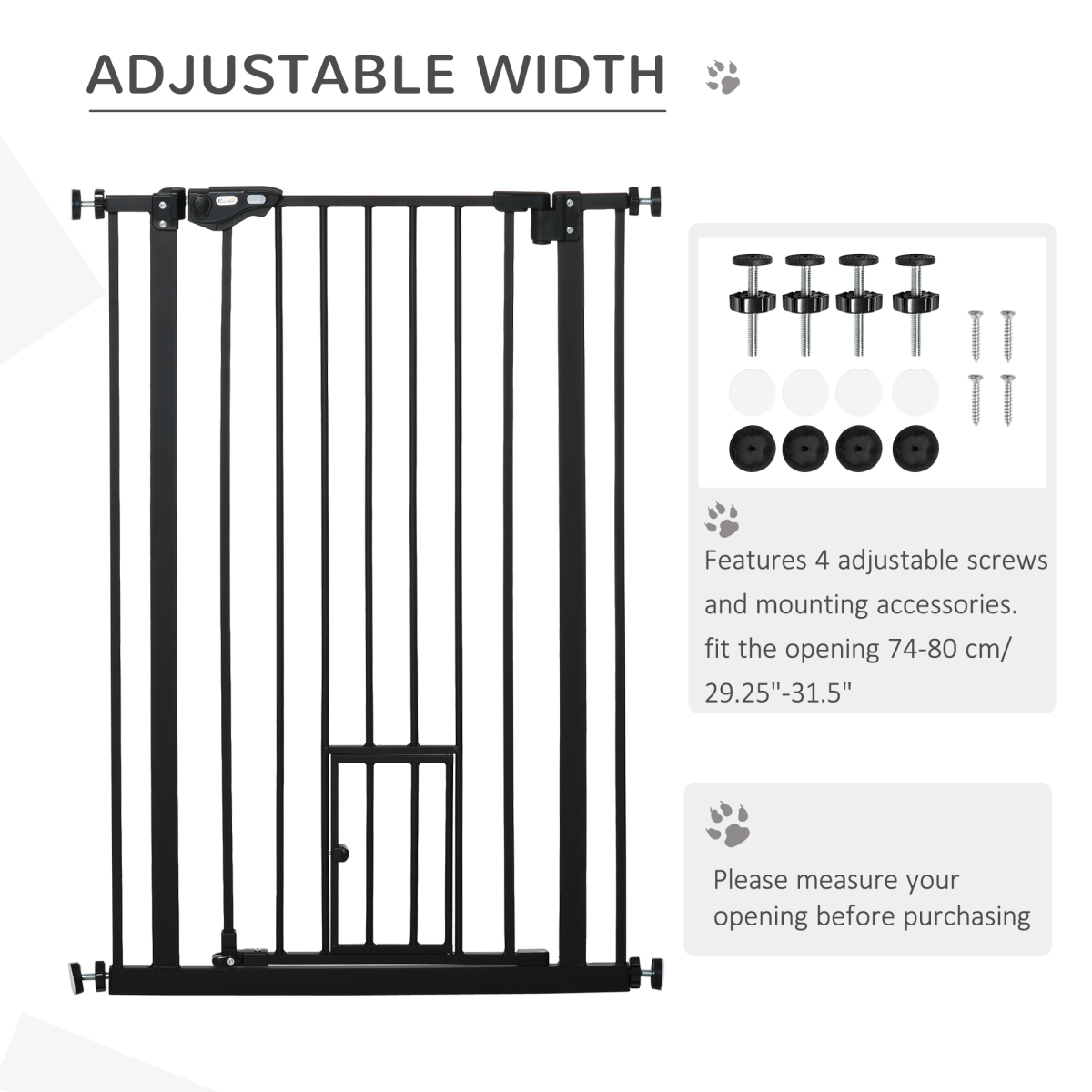 PawHut Extra Tall Auto-Close Dog Gate with Cat Door, 74–80cm – Steel Stair Gate with Rotatable Locks